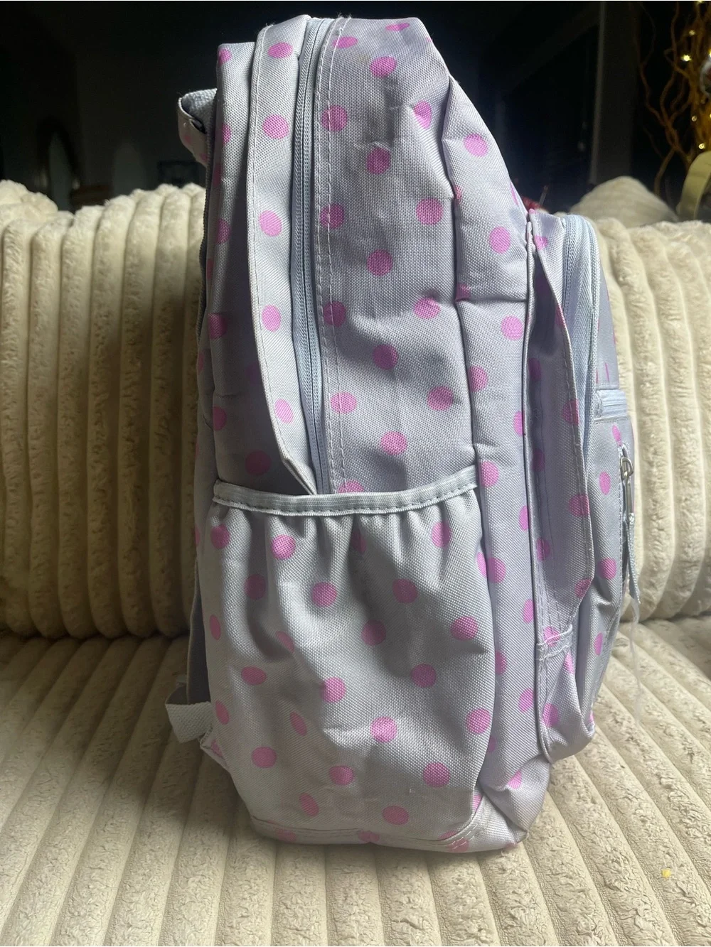 No Boundaries Women's Dome Backpack Gray Pink Polka Dot School Bag